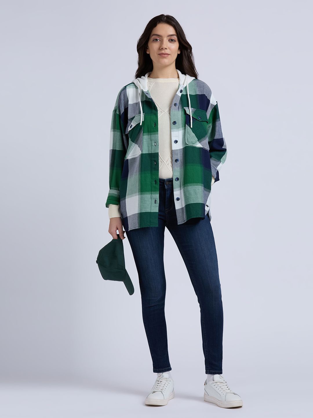 

Pepe Jeans Women Hood Tartan Checked Cotton Oversized Casual Shirt, Green