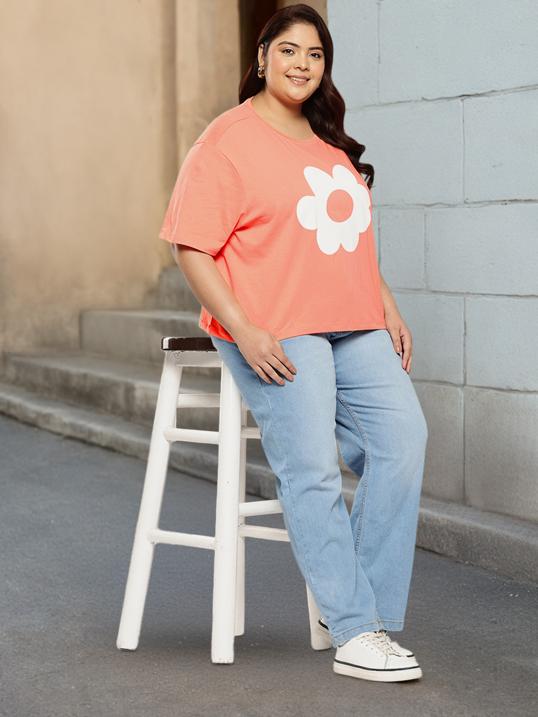 

Sztori Women Plus-Size Floral Printed Drop-Shoulder Sleeves Pure Cotton T-shirt, Coral