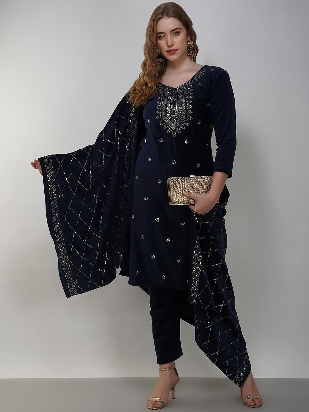 

KALINI Floral Embroidered Sequinned Straight Kurta with Trousers & Dupatta, Blue