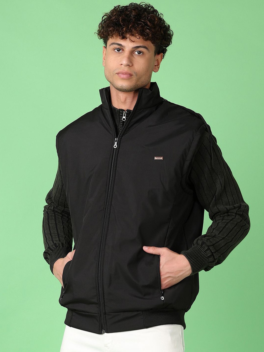 

V-Mart Men Mock Collar Solid Cotton Casual Bomber Jacket, Black
