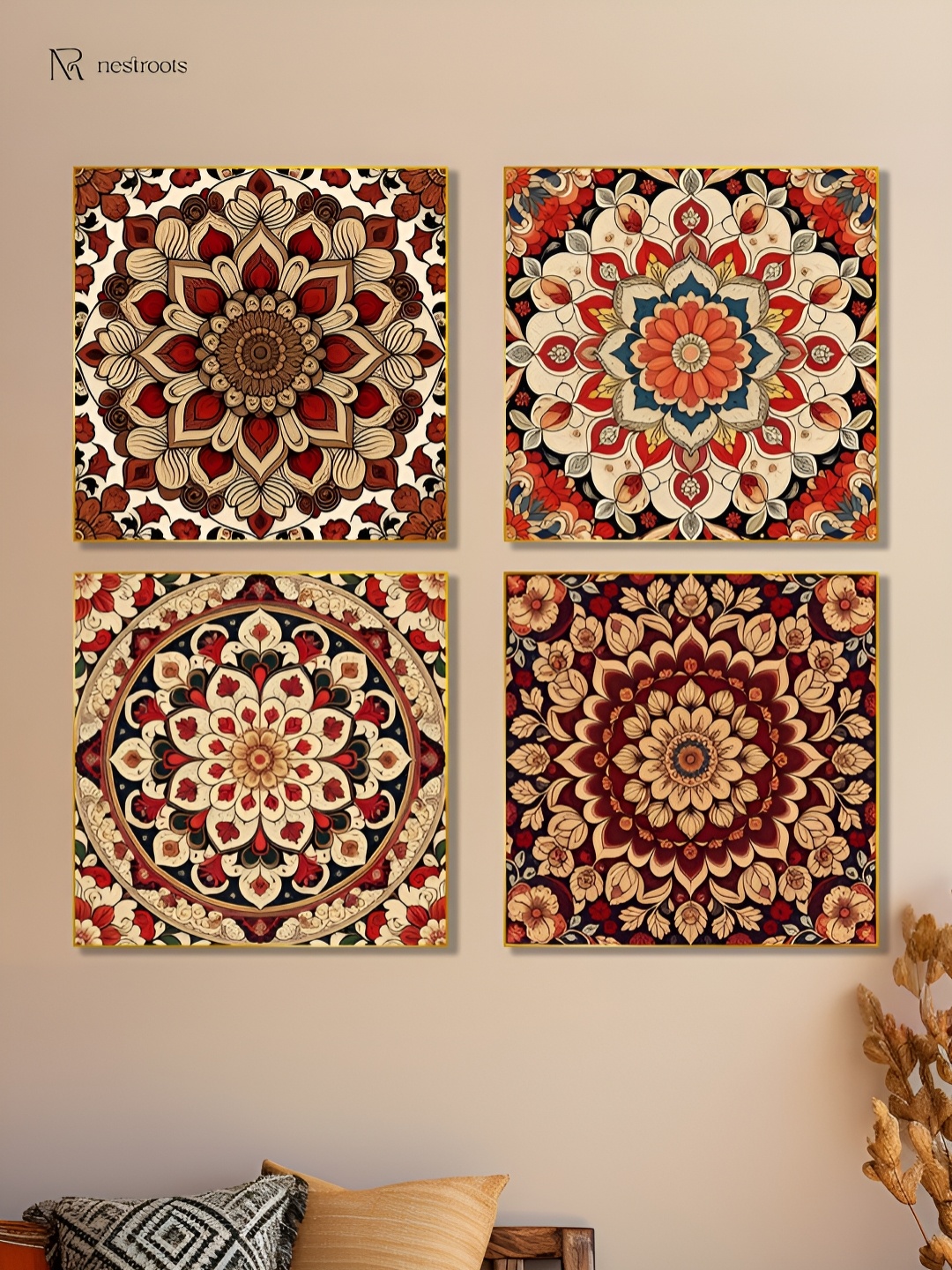 

nestroots Vibrant Floral Red & Green 4 Pieces Paintings Canvas Wall Art