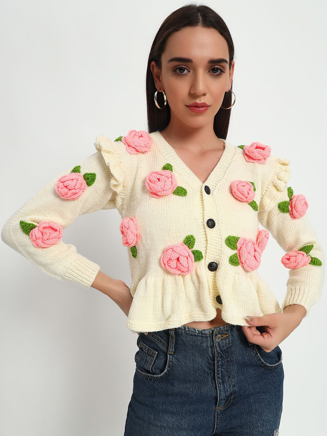 

Sugercandy Women Floral Woollen Cardigan Sweaters, Cream