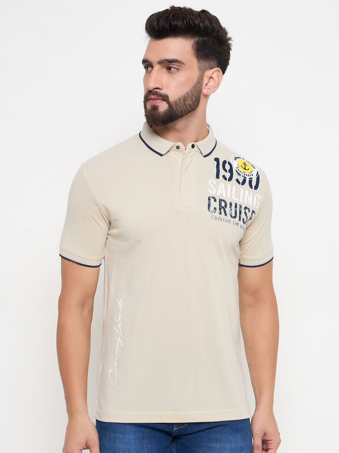 

Duke Men Typography Printed Polo Collar Cotton Slim Fit T-shirt, Beige