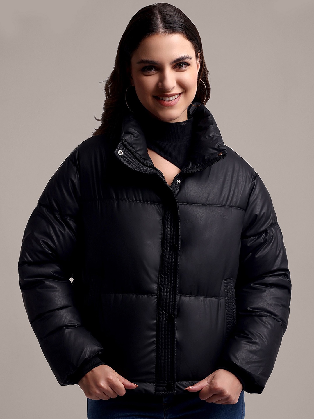 

iki chic Women Mock Collar Solid Casual Puffer Jacket, Black