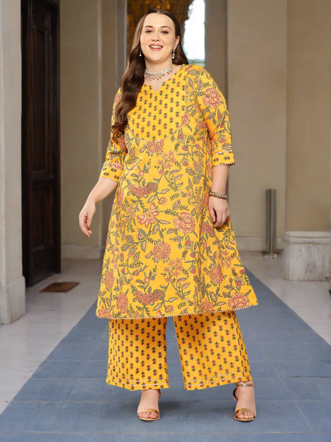 

Sztori Plus Size Ethnic Motifs Printed Kurta Set, Yellow