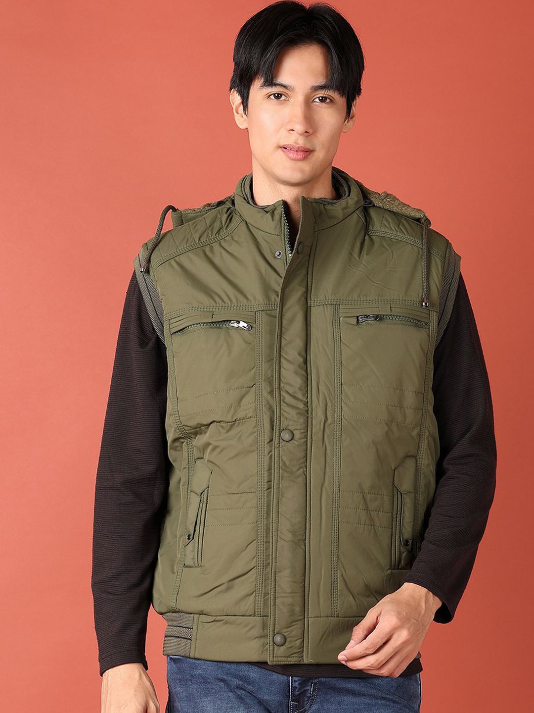 

V-Mart Men Hooded Solid Cotton Casual Puffer Jacket, Olive