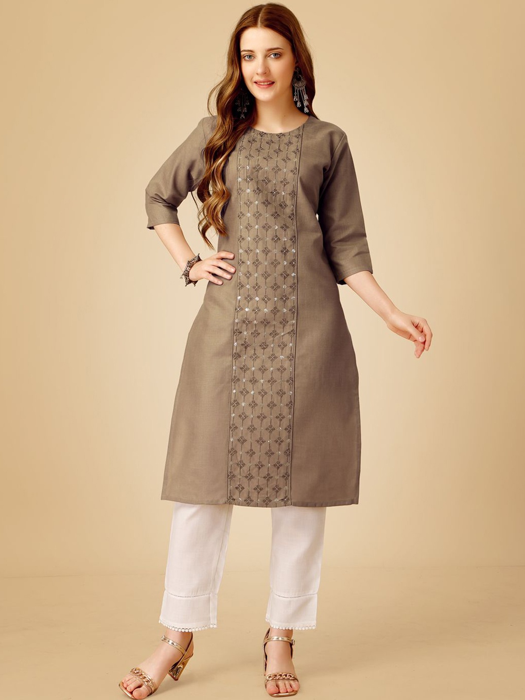 

HI FI NX Ethnic Motifs Embroidered Straight Kurta With Churidar, Khaki
