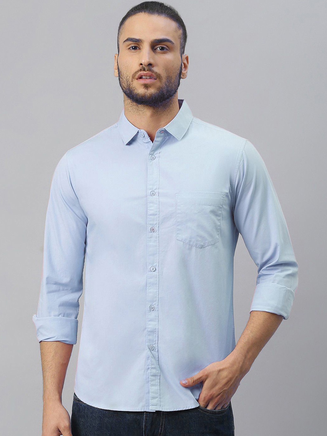 

Provogue Men India Slim Spread Collar Solid Cotton Casual Shirt, Blue