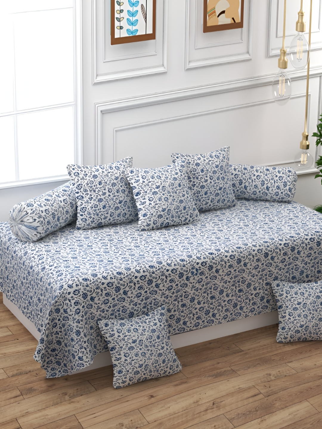 

BELVOSTUM Blue and White 8 Pieces Floral Printed Cotton Diwan Set