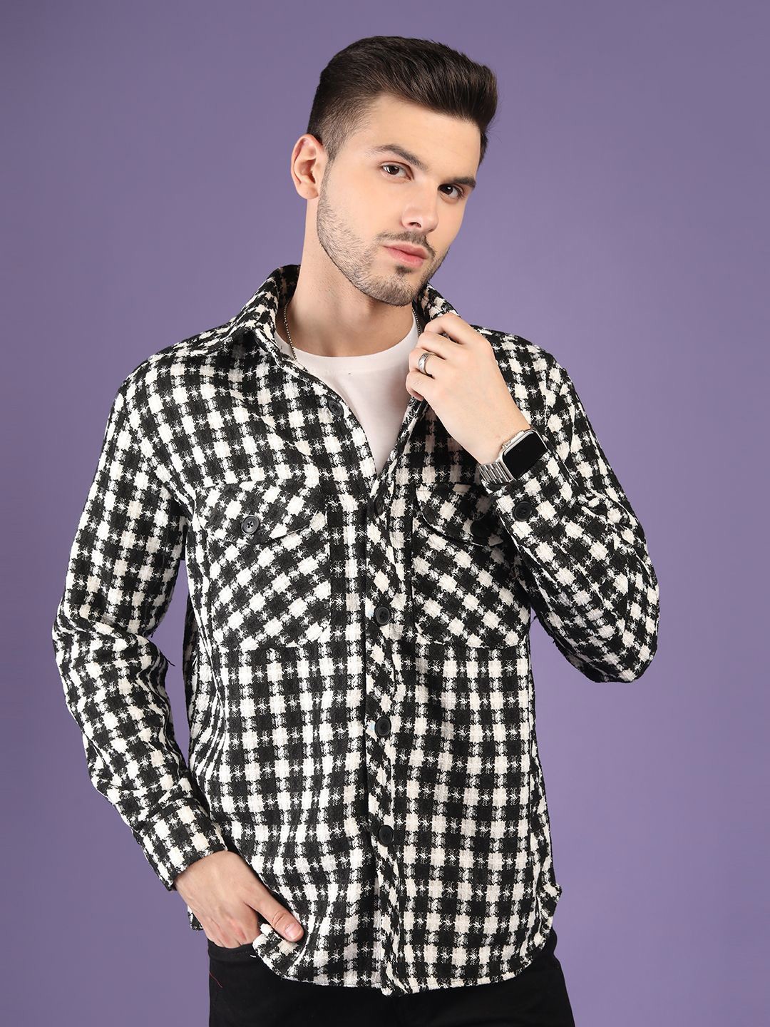 

CHKOKKO Men Spread Collar Checked Cotton Casual Shirt, Black