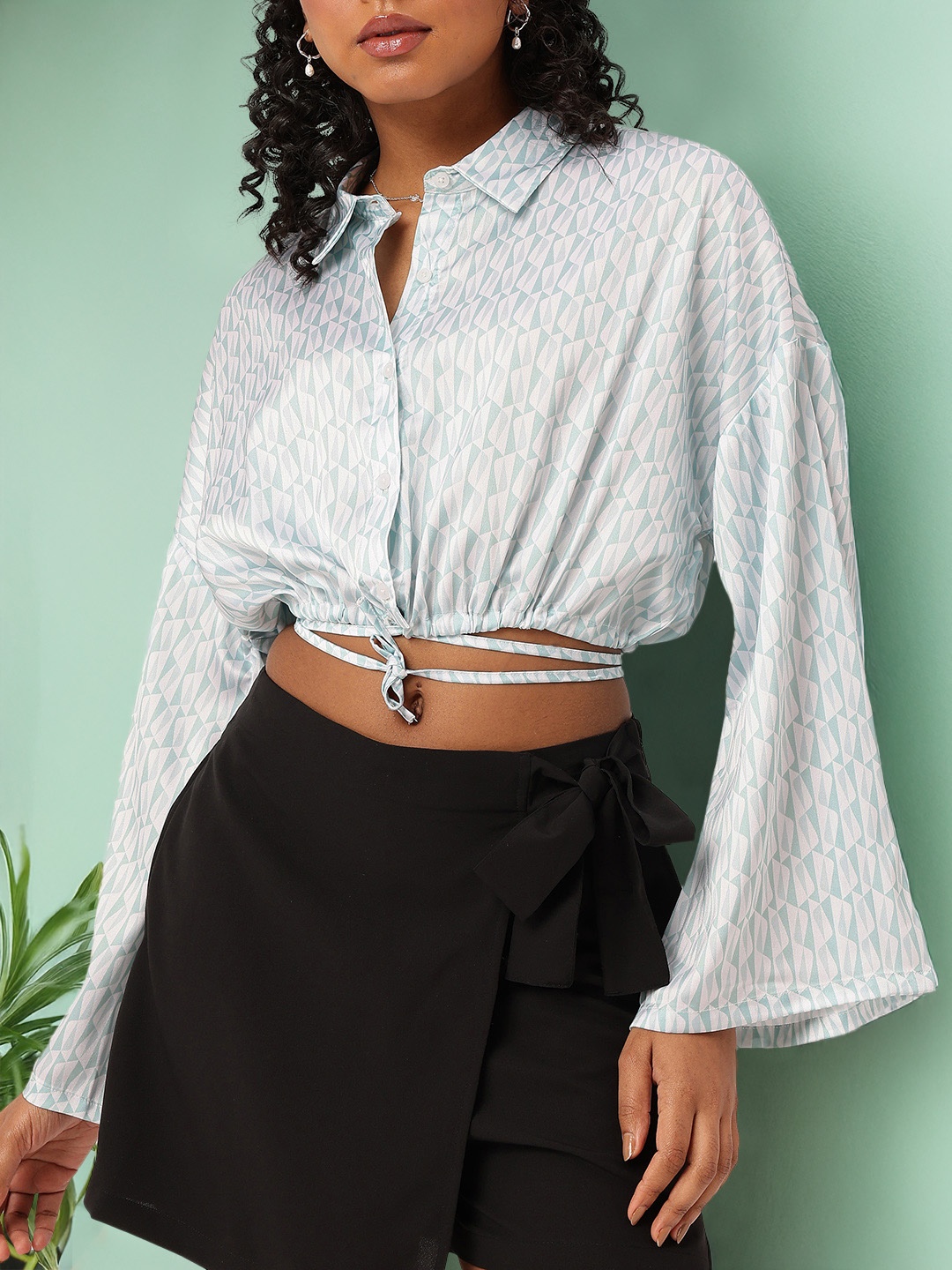 

DressBerry Playful Tie-Ups Satiny Glam Blouson Shirt Style Crop Top, Green