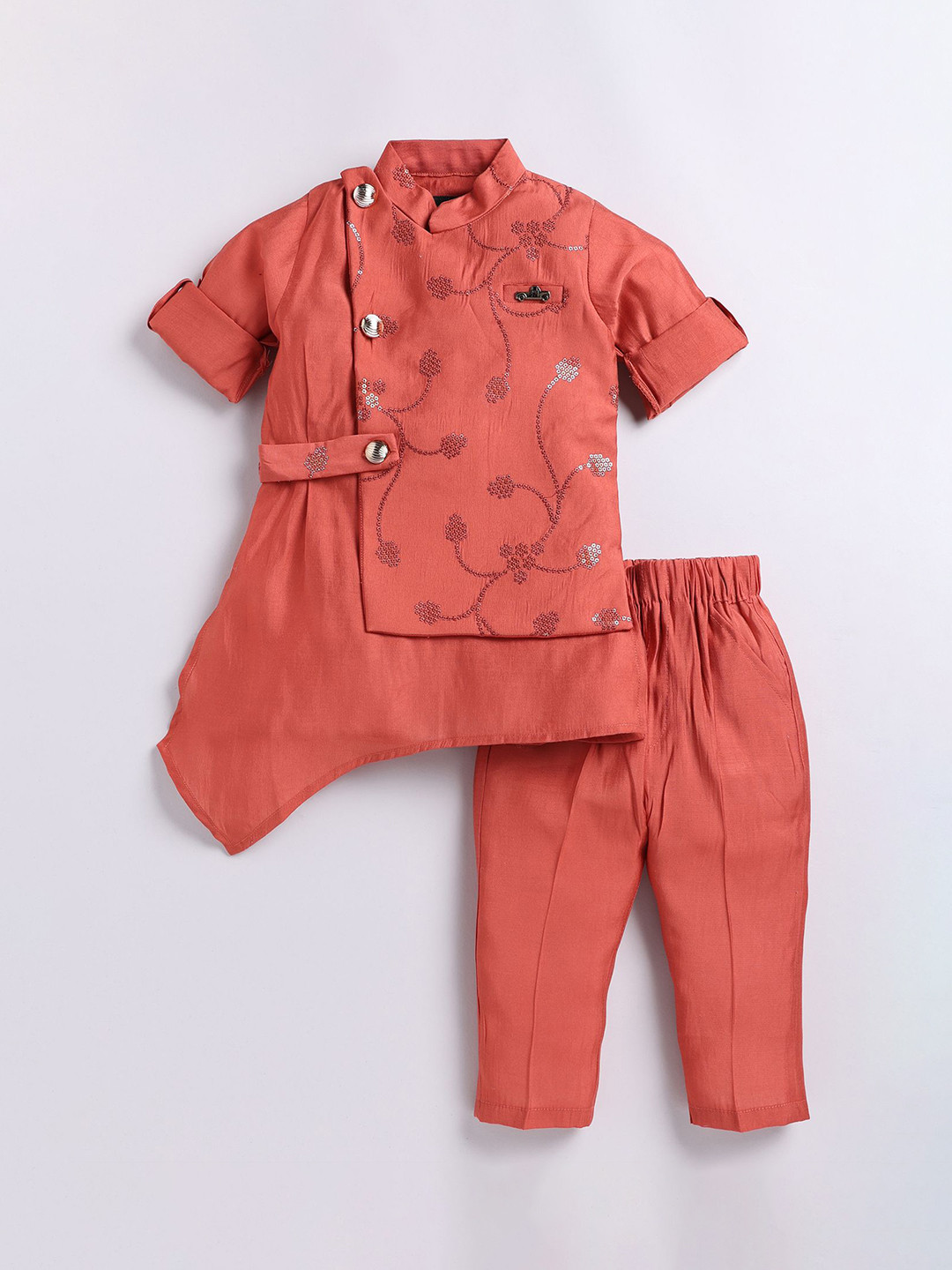 

LITTLE COLLARS Boys Floral Embroidered Mandarin Collar Straight Kurta With Pyjamas, Red