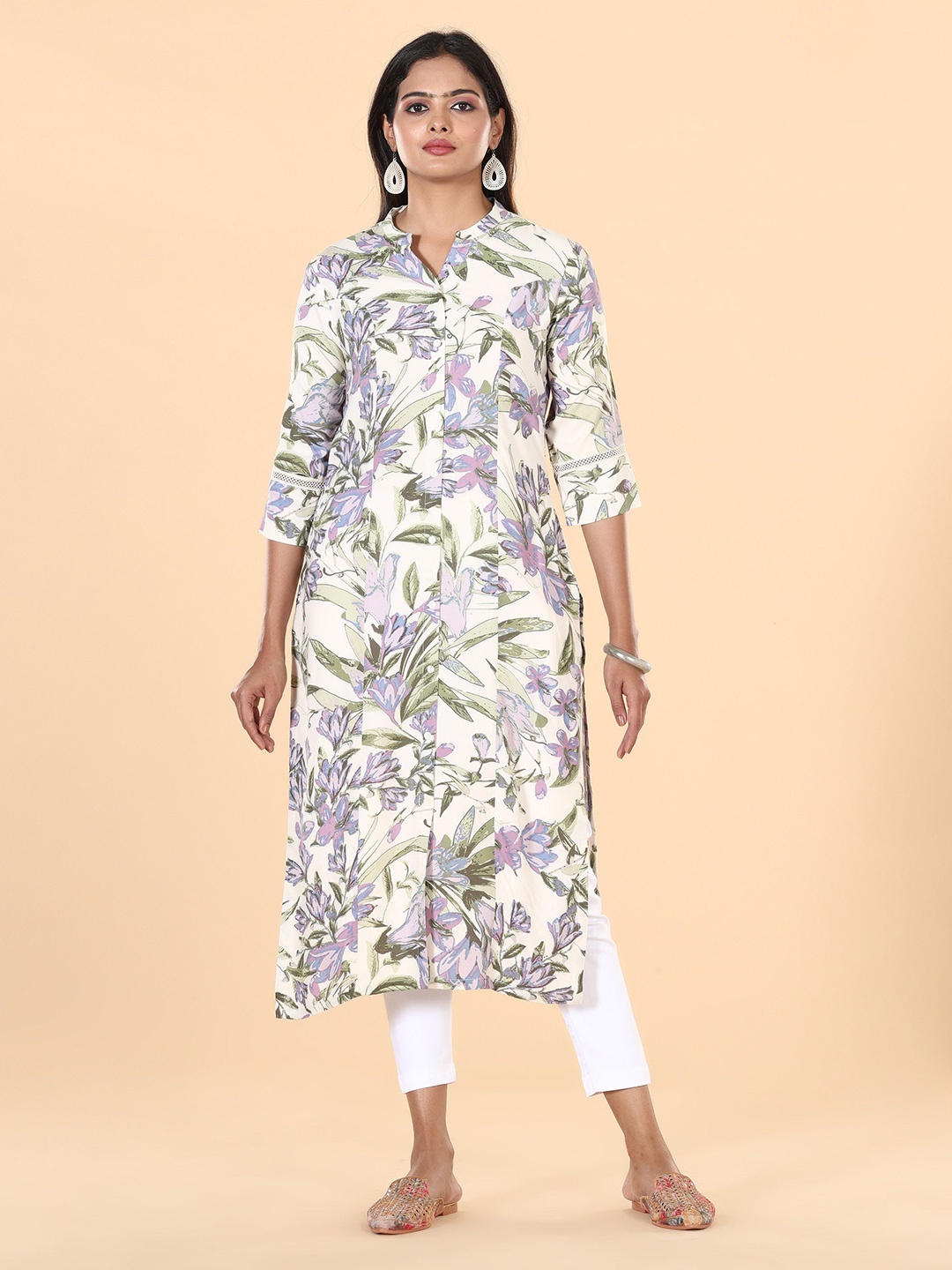 

Vismay Floral Printed Straight Kurta, White