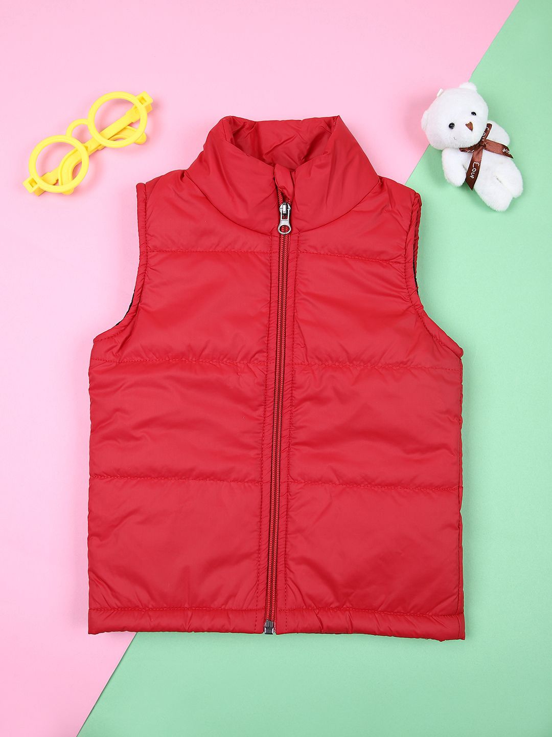 

V-Mart Unisex Kids Mock Collar Solid Cotton Casual Bomber Jacket, Red