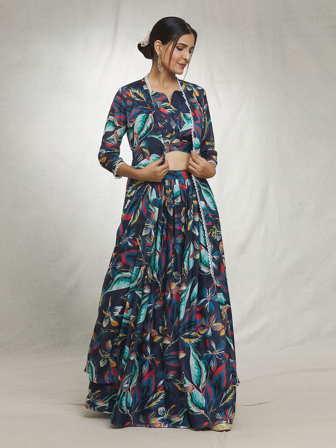 

Samyukta Singhania Floral Printed Ready to Wear Lehenga & Blouse With Jacket, Blue