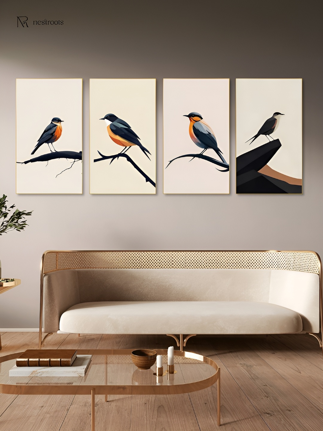 

nestroots Yellow & Grey 4 Pieces Birds and Animals Painting Wall Arts