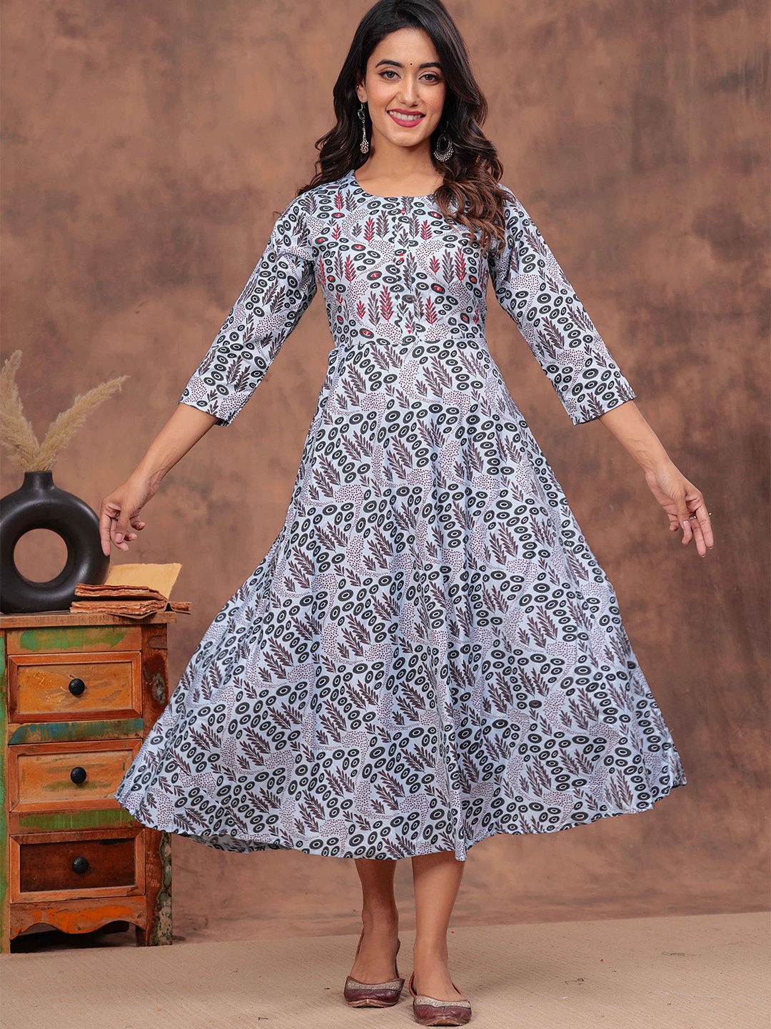 

DIZON Women Floral Embroidered Cotton A-Line Ethnic Dress, Blue