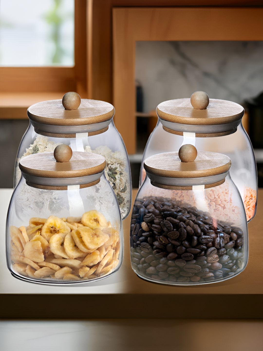 

The Better Home Transparent 4 Pieces Glass Easy to Clean Jar With Bamboo Lid 650ml