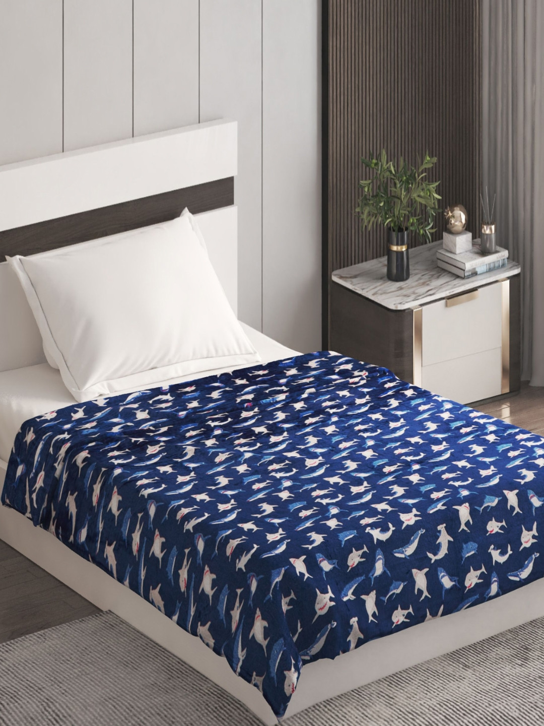 

Home Centre Slate Blue & White Shark Printed 200 GSM Single Bed Blanket