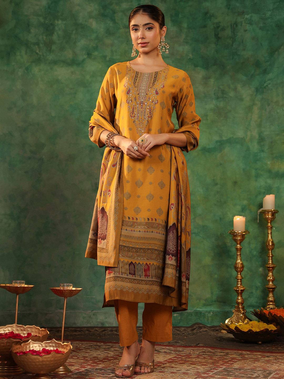 

Rain & Rainbow Ethnic Motifs Printed Straight Sequinned Kurta with Trousers & Dupatta, Mustard
