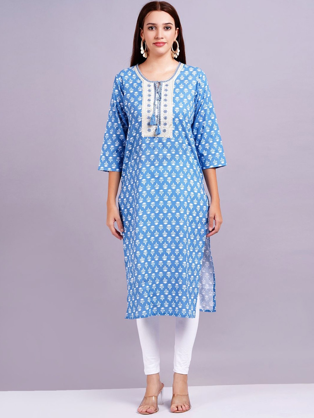 

KALINI Floral Printed Sequinned Tie-Up Neck Cotton Straight Kurta, Blue