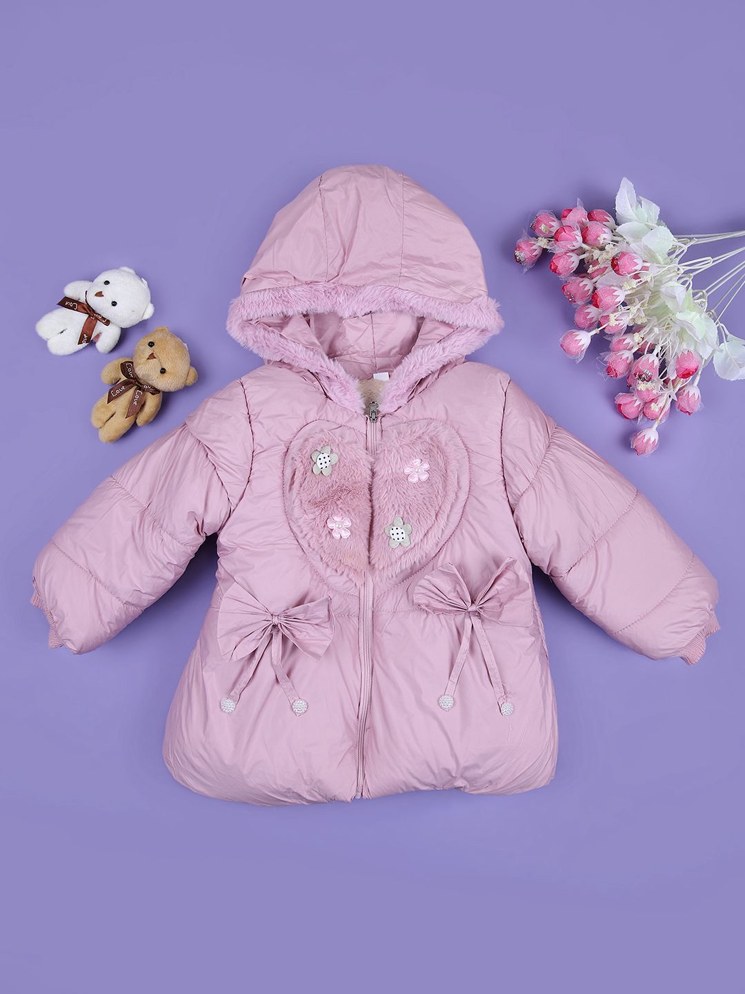 

V-Mart Girls Hooded Self Design Cotton Casual Parka Jacket, Pink