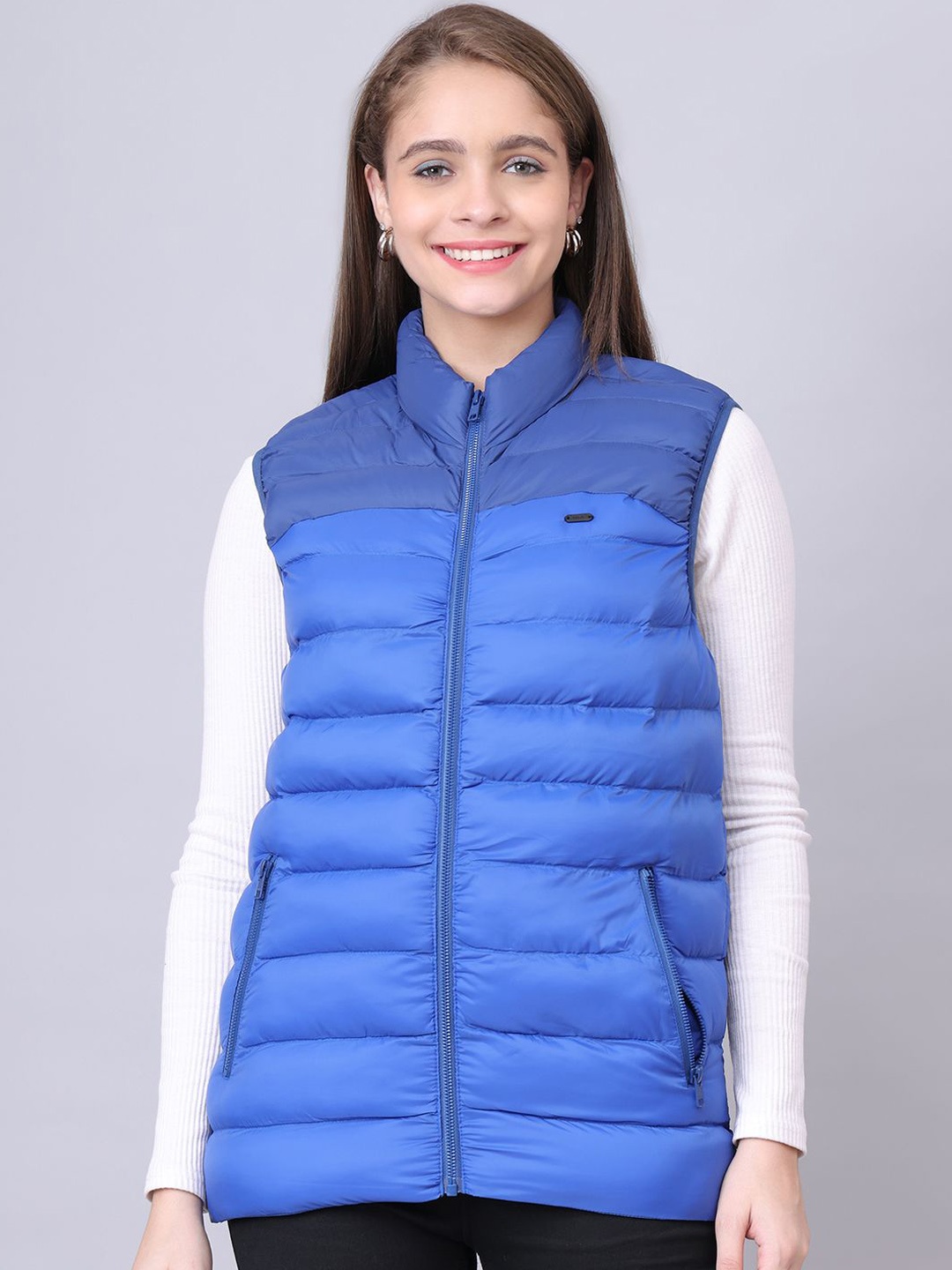 

HOUSE OF VEDAS Women Mock Collar Solid Casual Quilted Jacket, Blue
