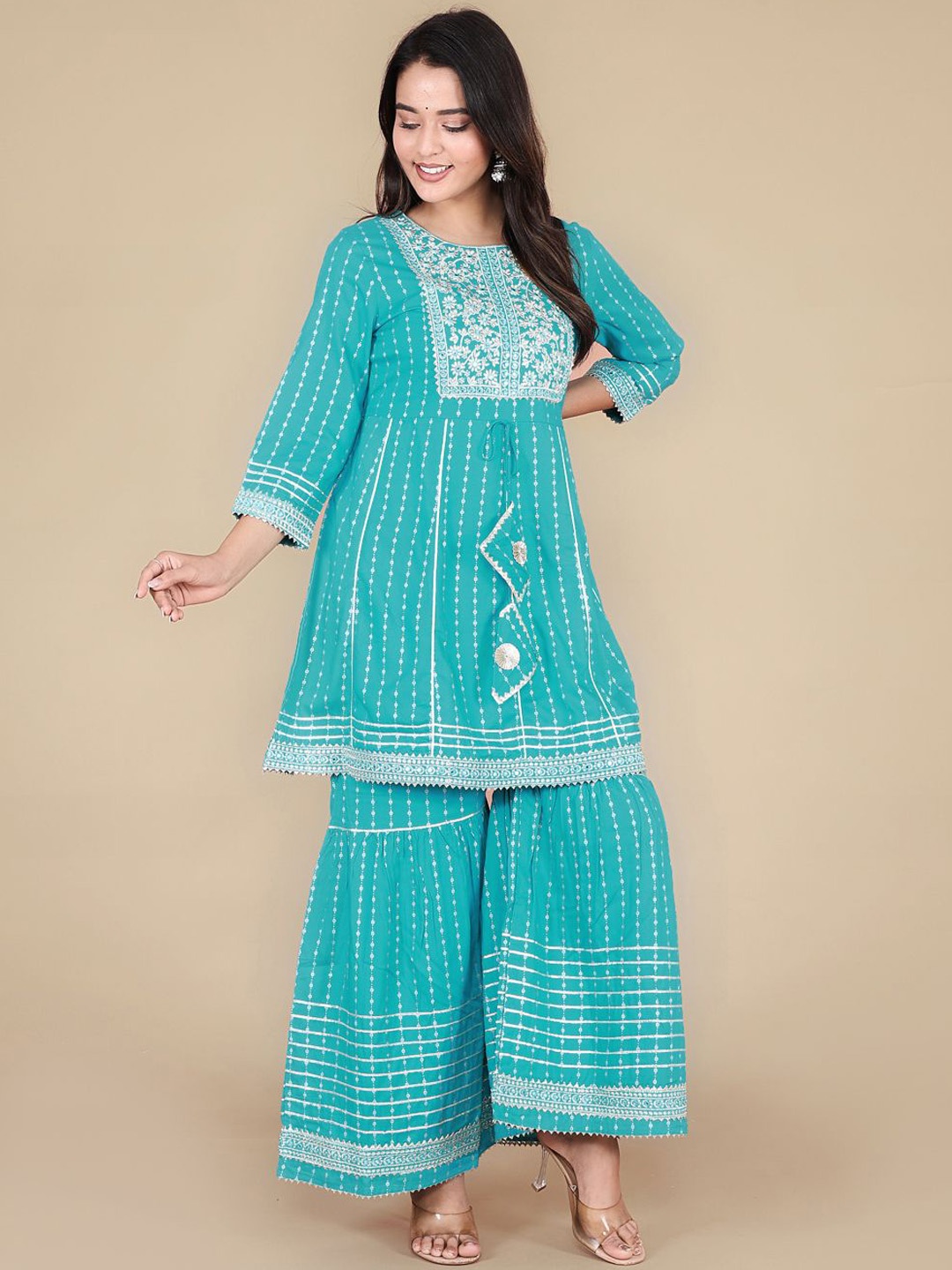 

HERE&NOW Teal Green Ethnic Motifs Yoke Design Gotta Patti A-Line Kurta With Sharara
