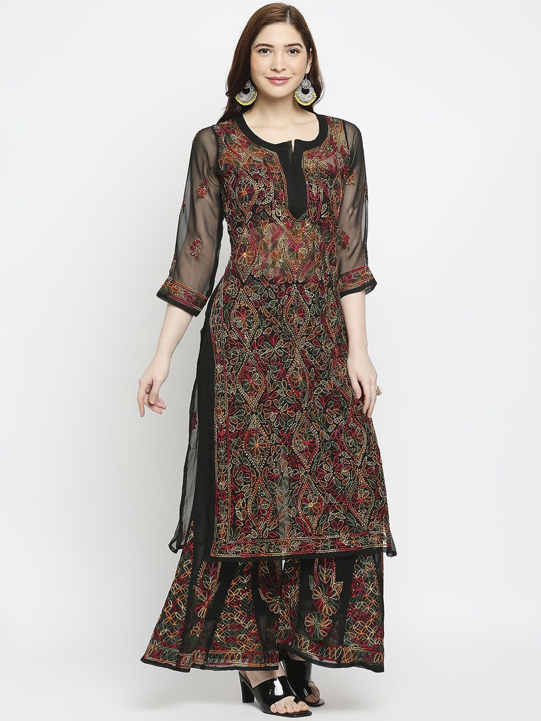 

Indiankala4u Floral Embroidered Straight Chikankari Kurta with Palazzo, Black