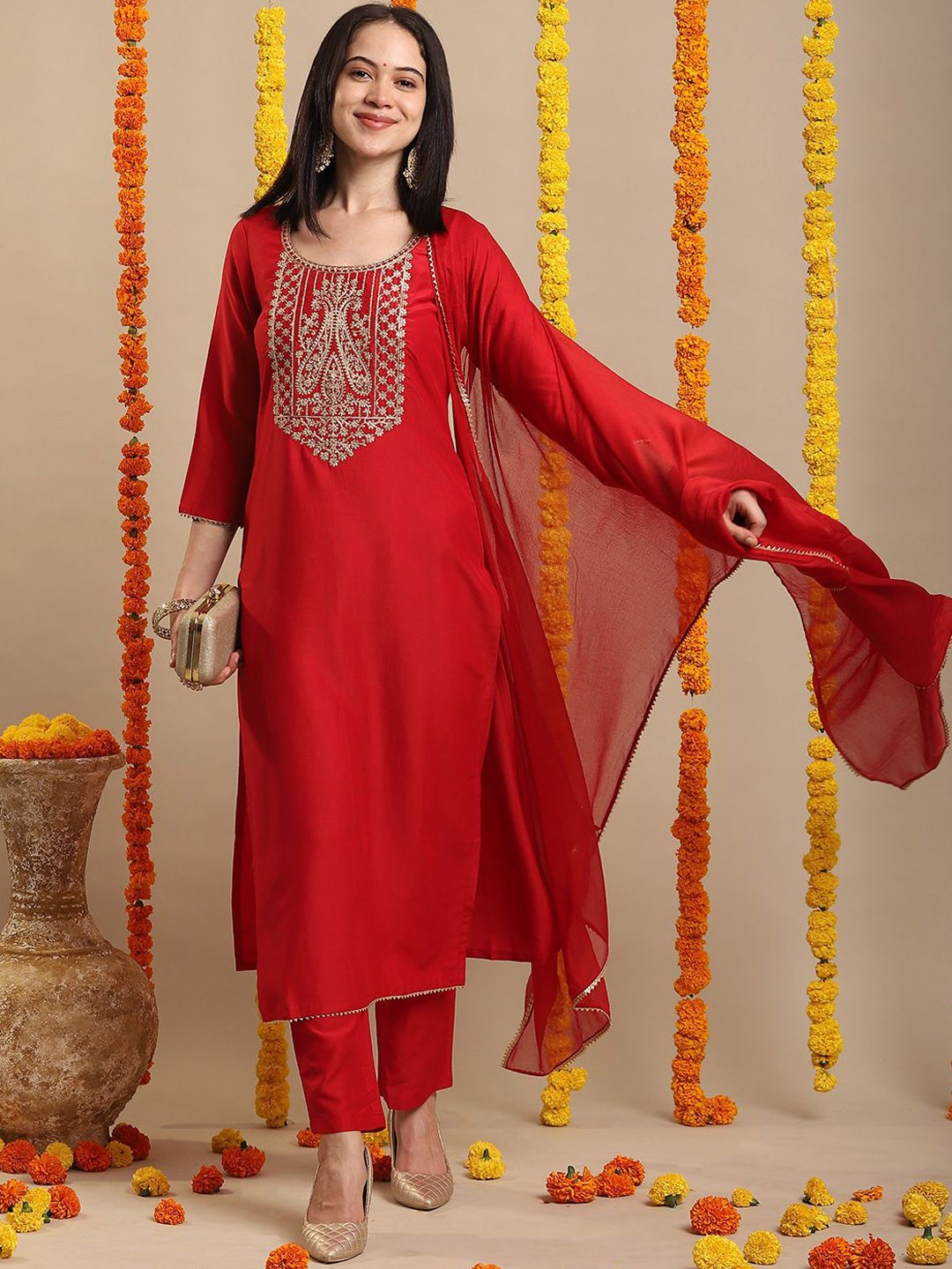 

KALINI Ethnic Motifs Embroidered Straight Kurta With Trousers & Dupatta, Red