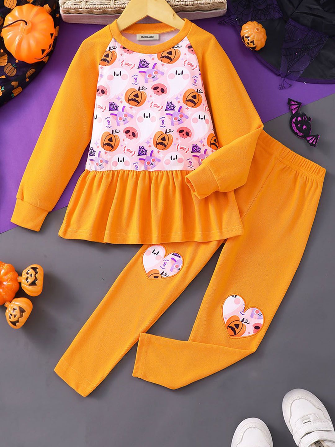 

INCLUD Girls Halloween Printed Top With Trouser, Orange