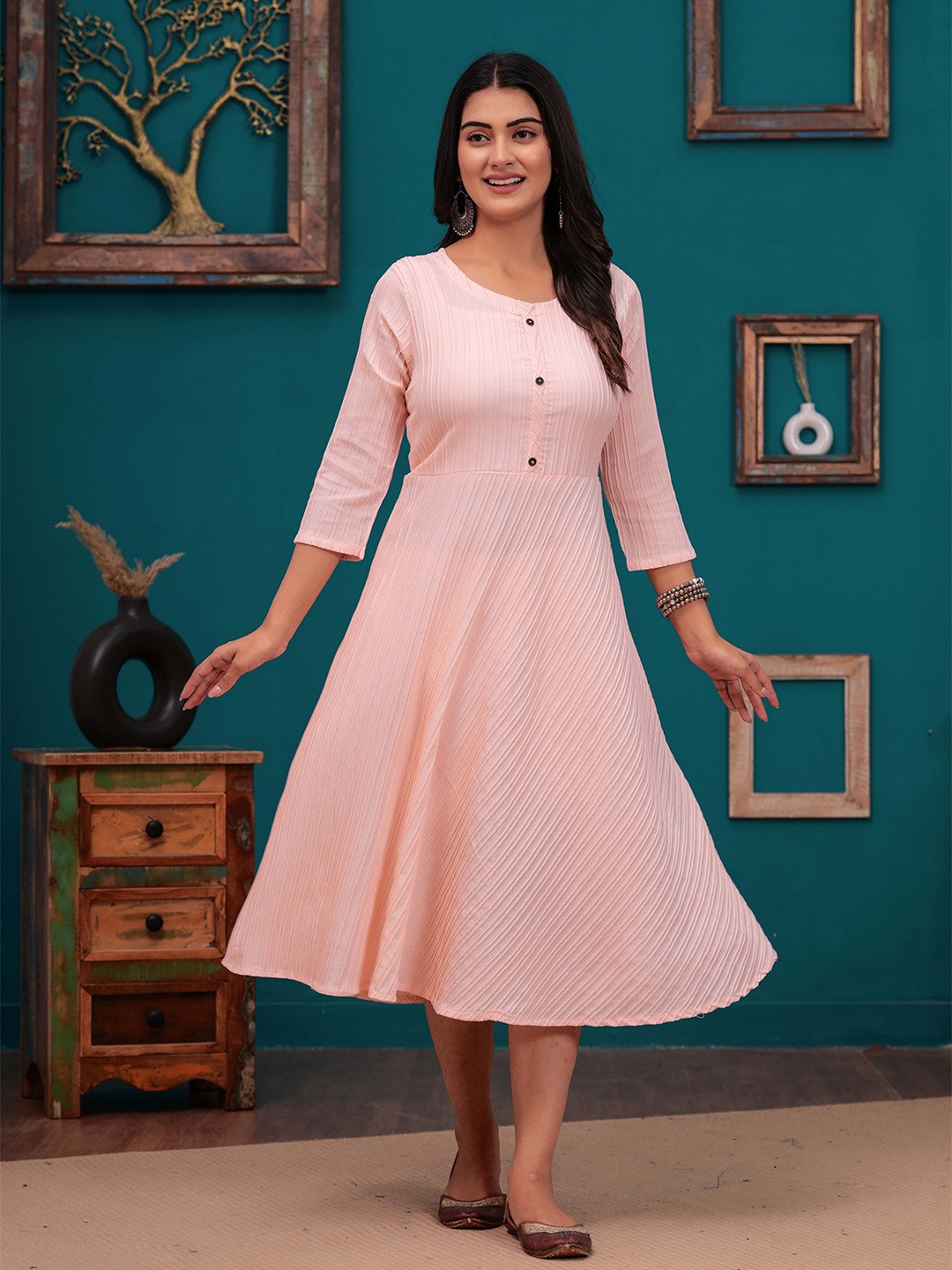 

DIZON Women Striped A-Line Ethnic Dress, Pink
