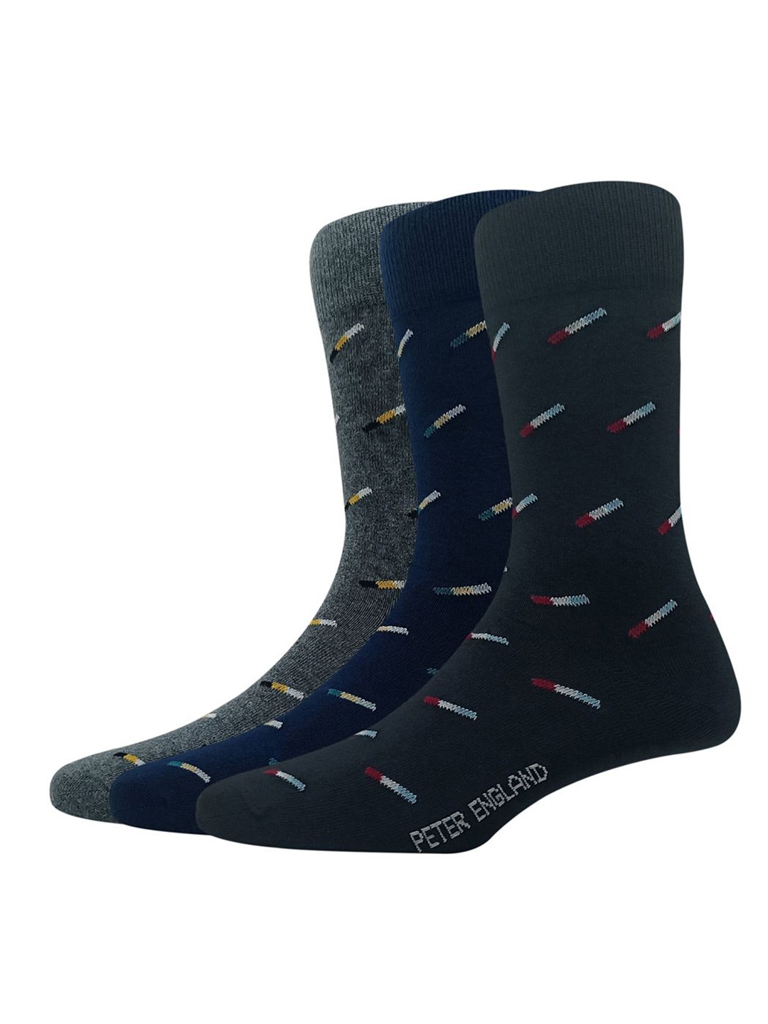 

Peter England Men Pack Of 3 Patterned Calf-Length Cotton Socks, Black