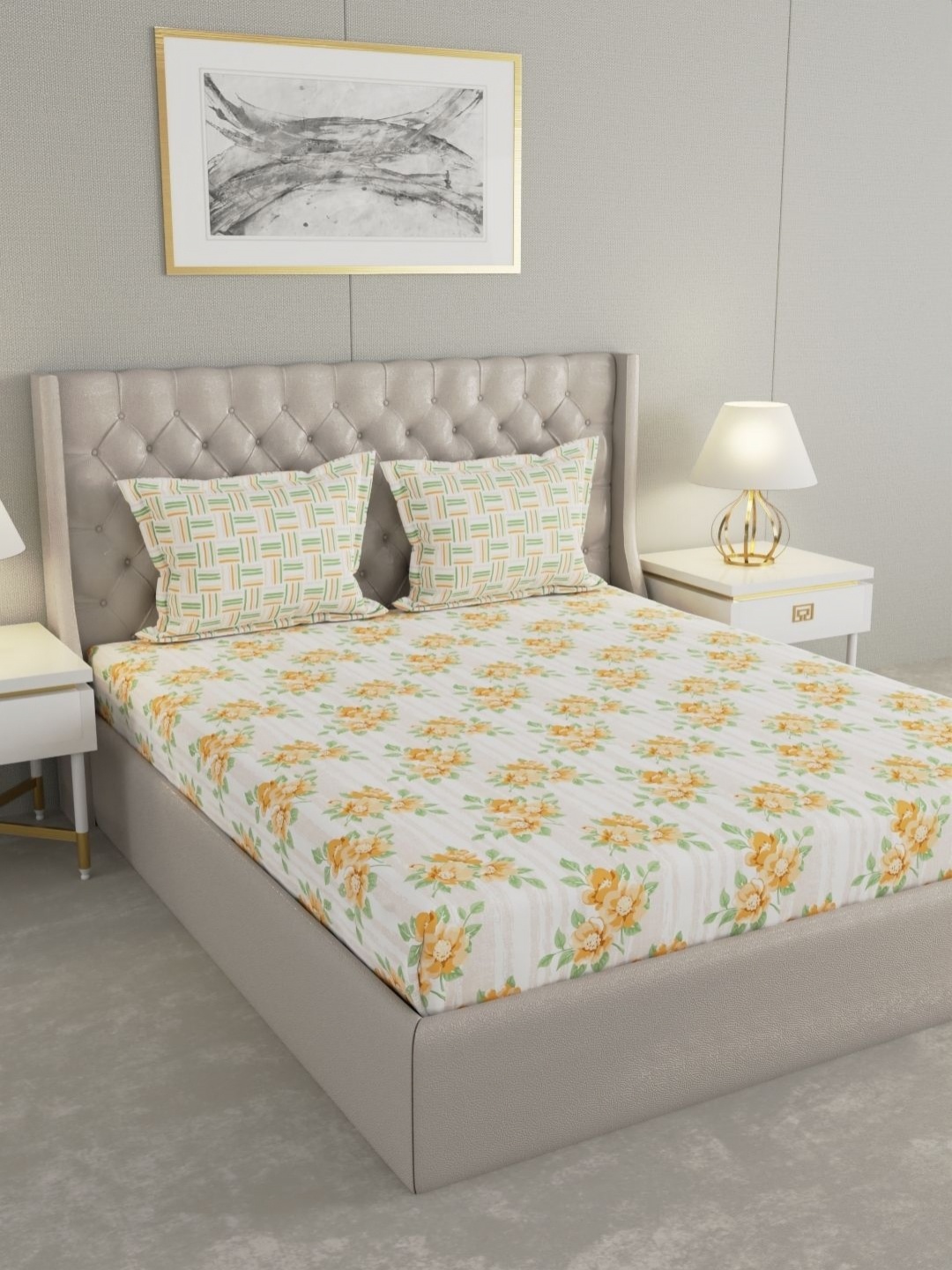 

Raymond Home MYSTIQUE Yellow Floral Printed Cotton 110 TC Queen Bedsheet Set 2.54 x 2.24m