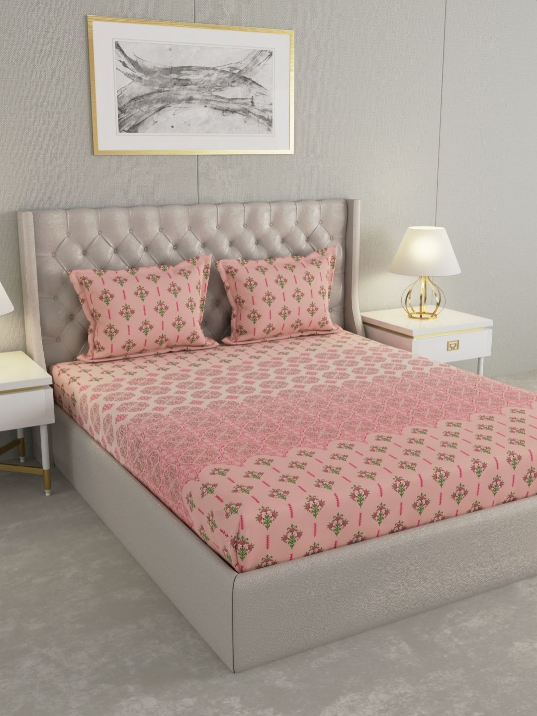 

Raymond Home CRYSTAL Peach Colored Printed Cotton 210 TC King Bedsheet Set 2.74 x 2.74m