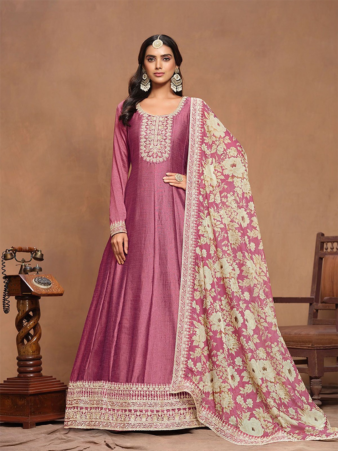 

ODETTE Floral Embroidered Sequinned Semi-Stitched Gown With Dupatta, Mauve