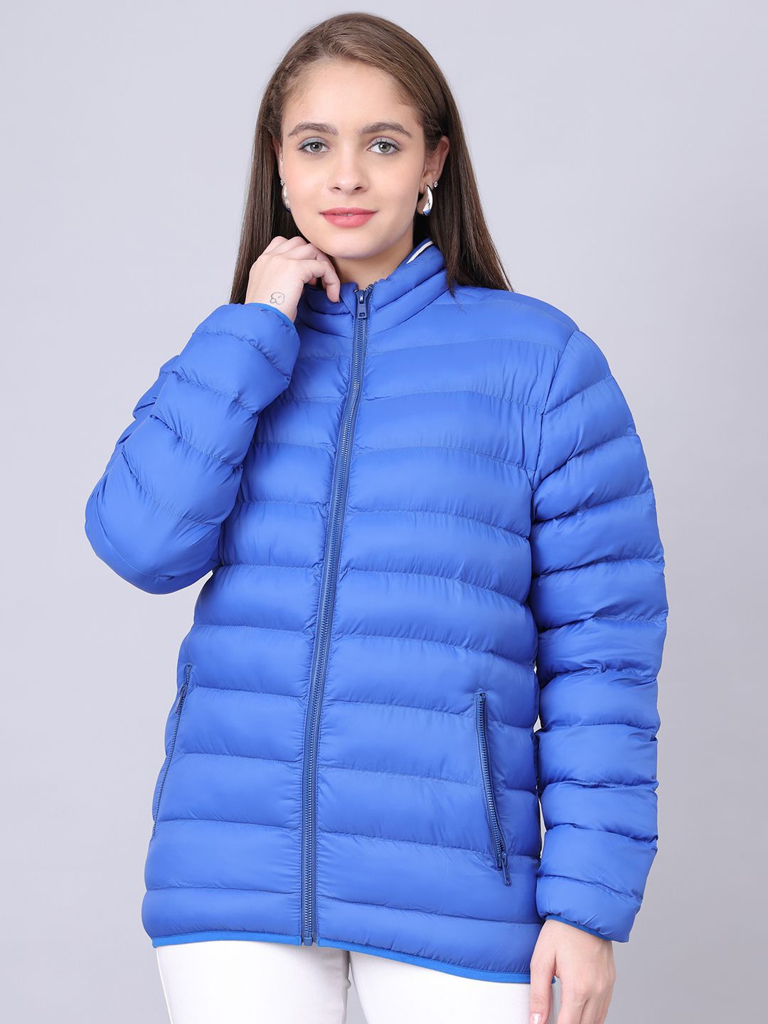 

HOUSE OF VEDAS Women Mock Collar Solid Casual Quilted Jacket, Blue