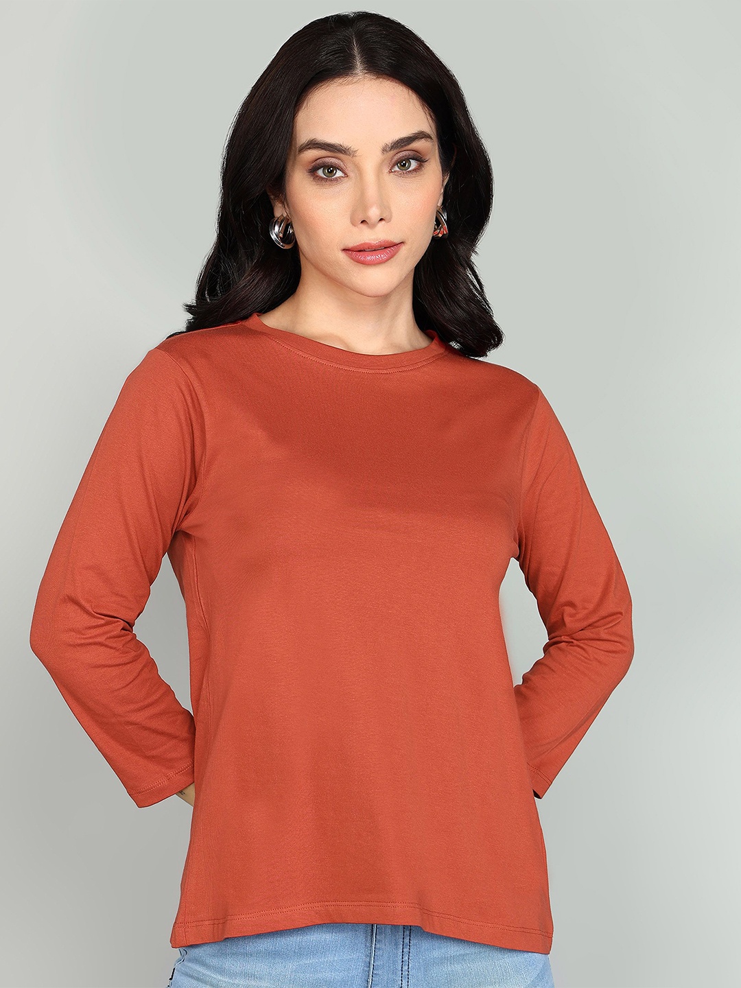 

The Roadster Lifestyle Co. Women Solid Round Neck Pure Cotton T-shirt, Coffee brown