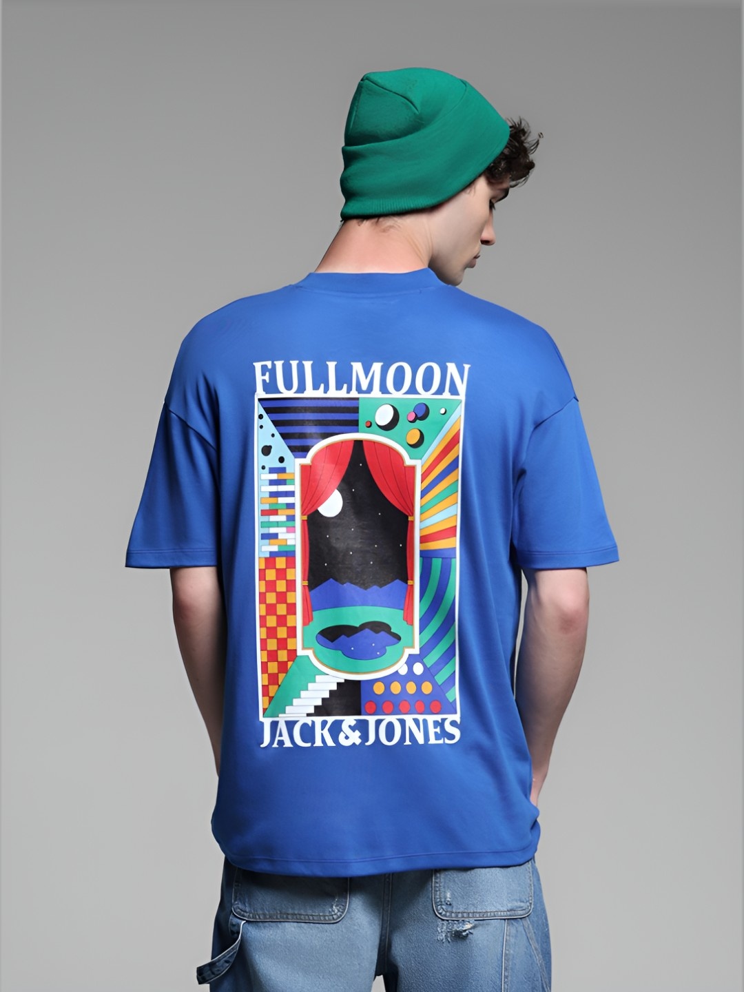 

Jack & Jones Men Graphic Printed Round Neck Cotton Oversized T-shirt, Blue