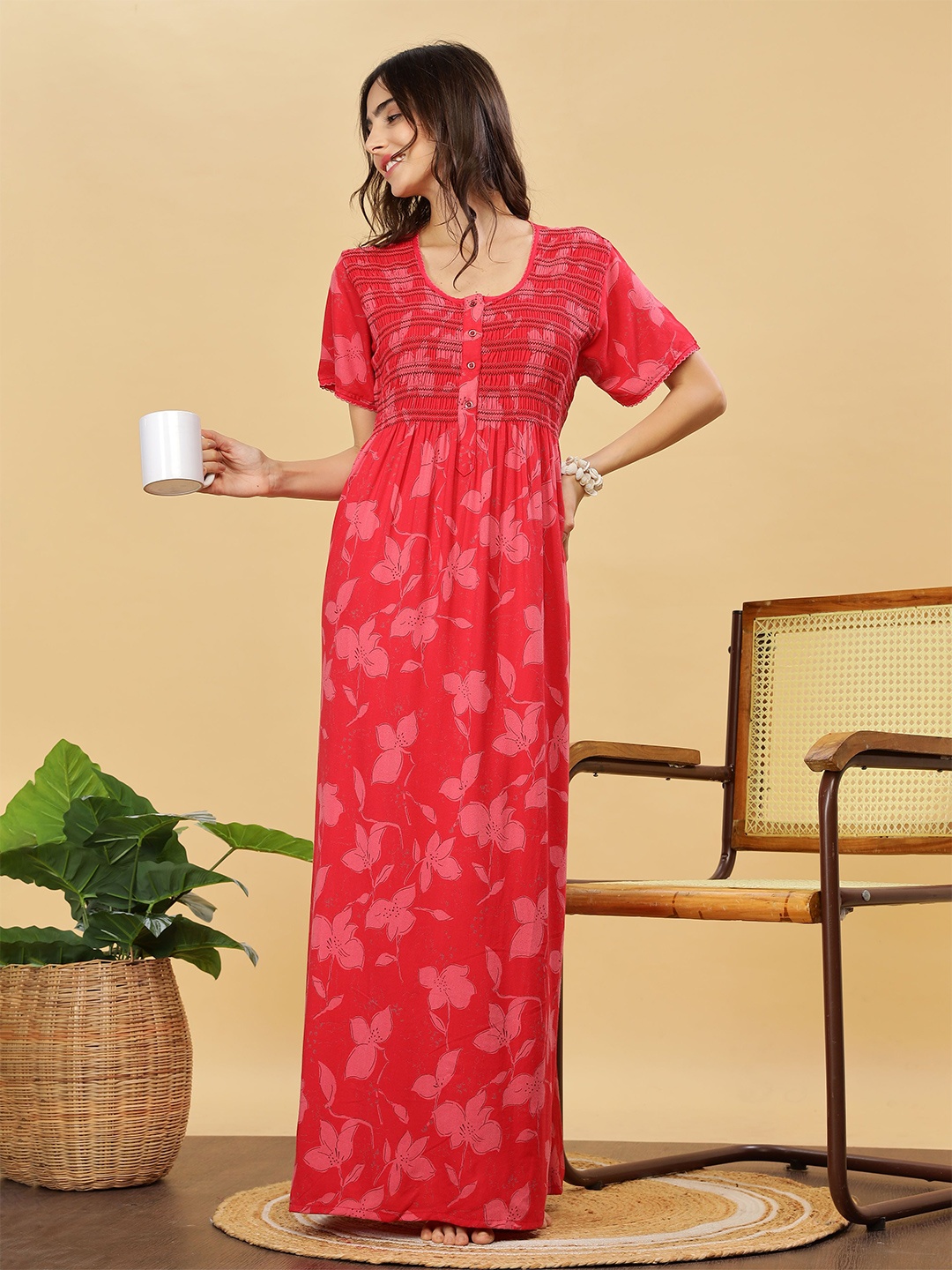

9shines Label Women Floral Printed Maxi Nightdress, Red