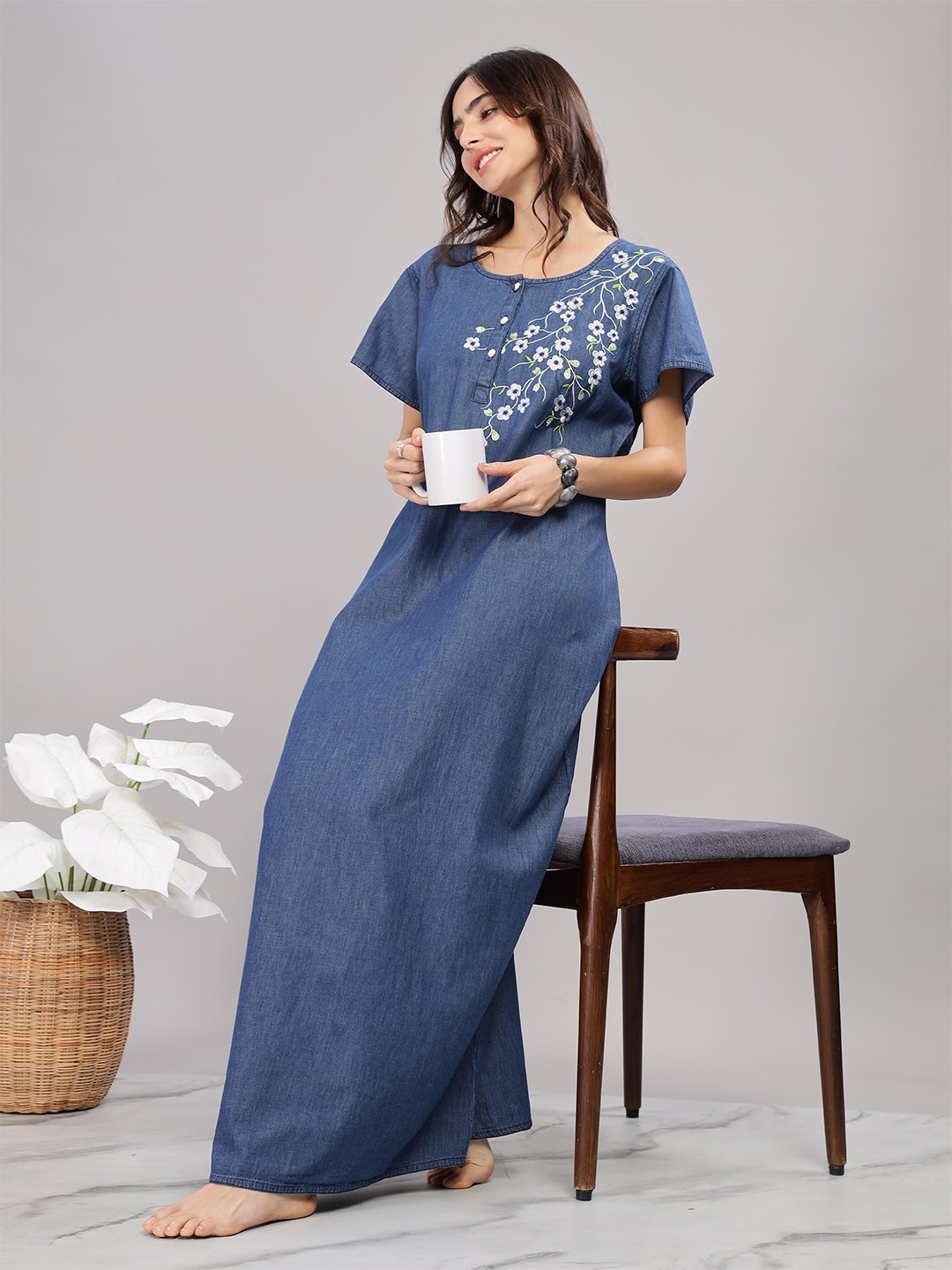 

9shines Label Embroidered Pure Cotton Maxi Nightdress, Blue