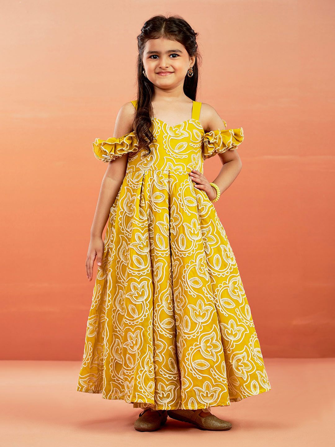 

VASTRAMAY Girls Floral Embroidered Cold-Shoulder Georgette Maxi Dress, Mustard