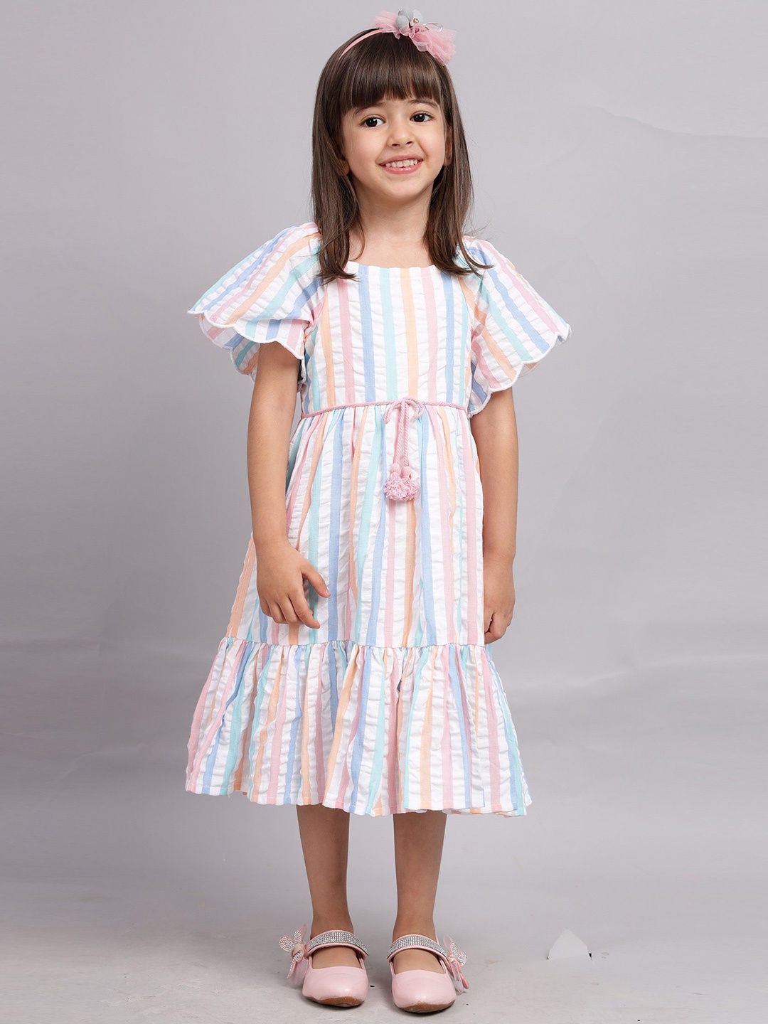

Nature Nook Kids Girls Cotton Striped Flutter Sleeve Fit & Flare Midi Dress, White