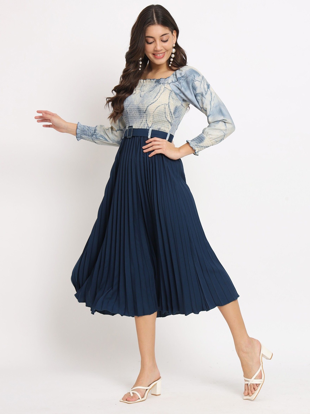 

Krunal Raiyani Smocked Printed Fit & Flare Dress Comes with a belt, Blue