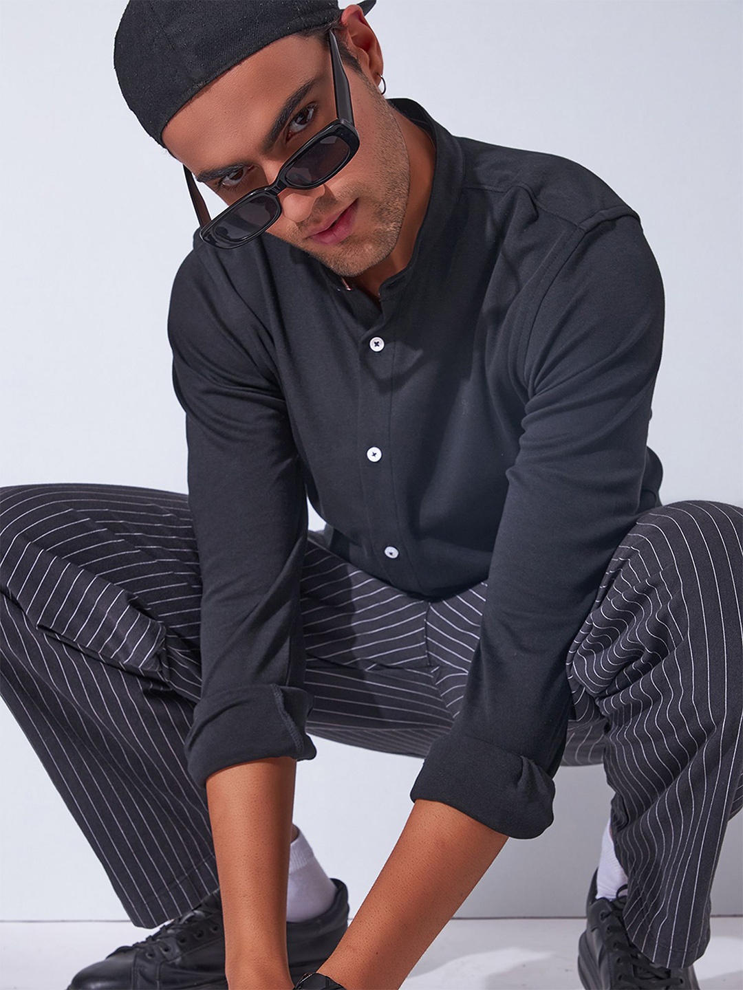 

Markle Moro Men Band Collar Solid Cotton Casual Shirt, Black