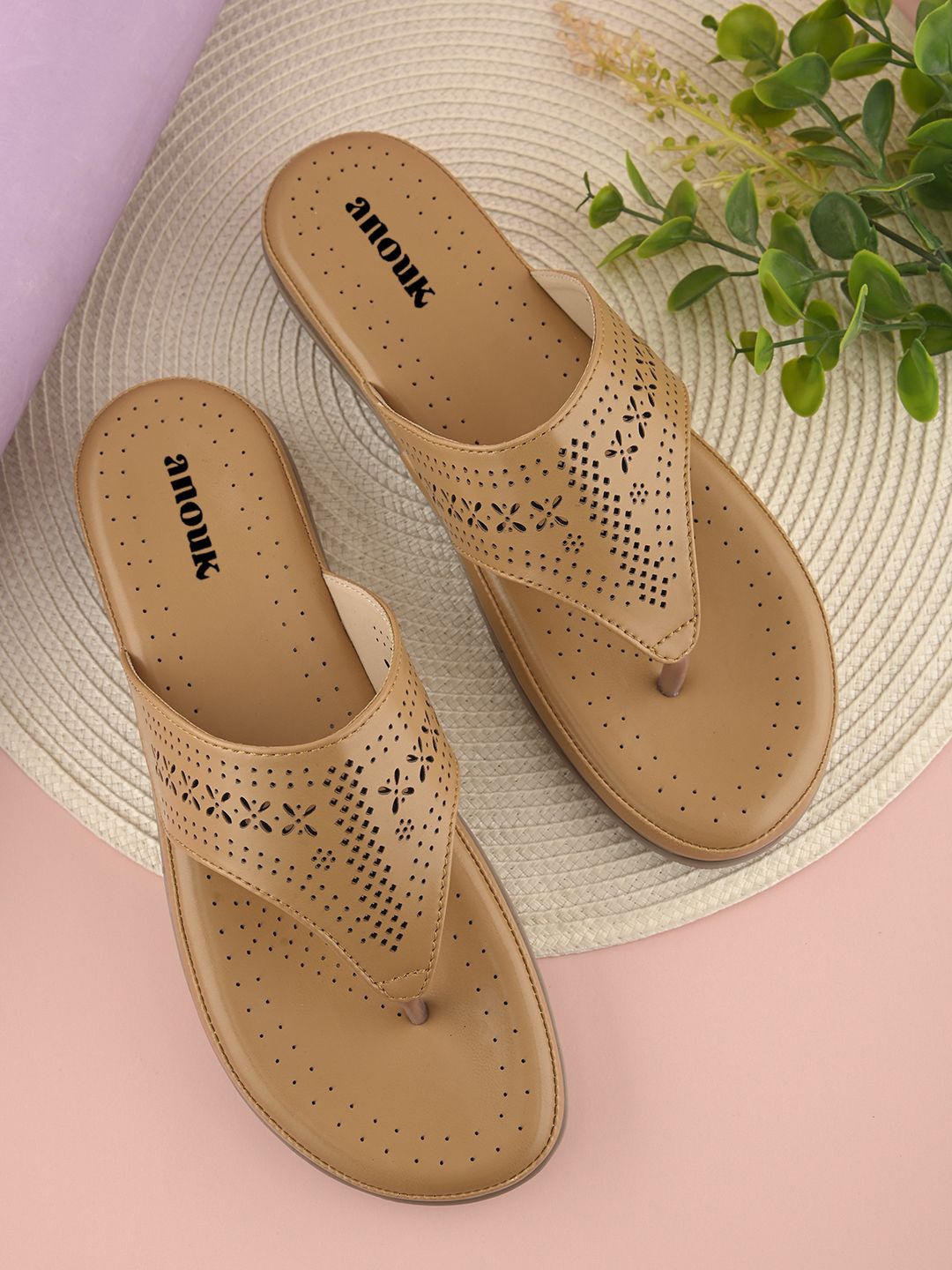 

Mast & Harbour Women Laser Cuts Embellished Open Toe Flats, Beige