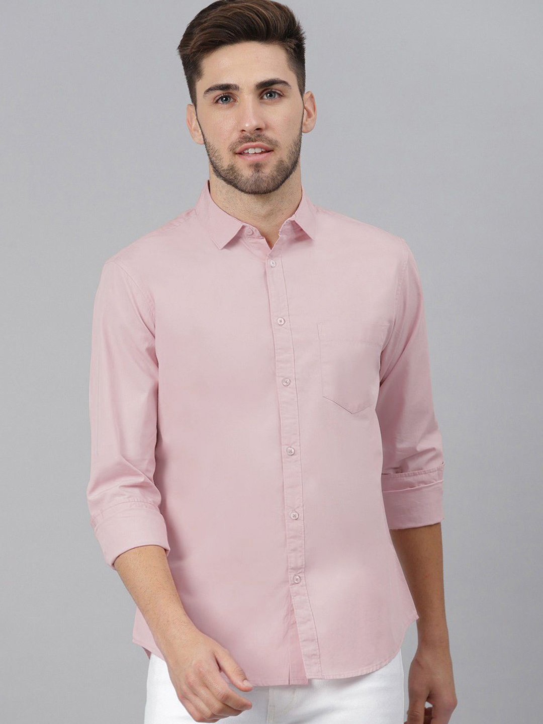 

Provogue Men India Slim Spread Collar Solid Cotton Casual Shirt, Pink