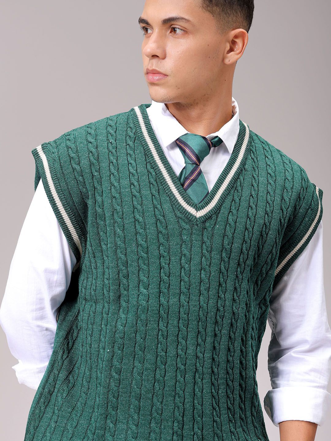 

The Indian Garage Co Men Acrylic V-Neck Cable Knit Sweater Vest, Green