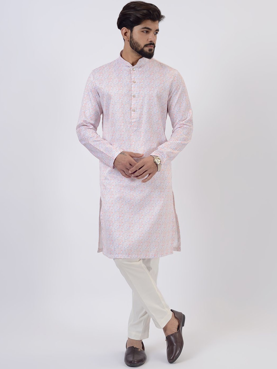 

azania Geometric Printed Mandarin Collar Straight Kurta with Pyjamas, White