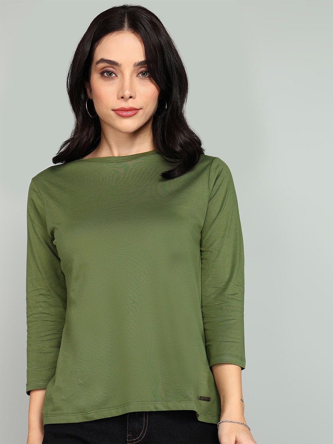 

The Roadster Lifestyle Co. Women Solid Boat Neck Pure Cotton T-shirt, Green